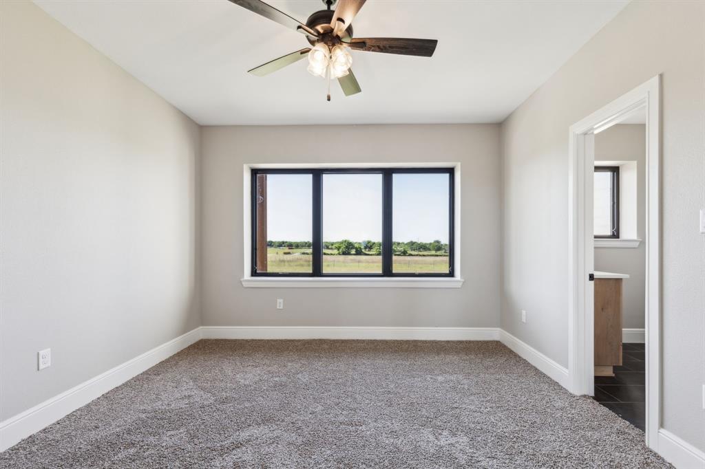 700 Brown Road Palo Pinto, TX 76484 - Photo 26 of 40 Bedroom with carpet flooring, baseboards, ceiling fan and en suite bathroom.