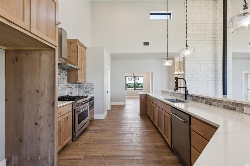700 Brown Road Palo Pinto, TX 76484 - Photo 7 of 40 Kitchen featuring high ceiling, stainless steel appliances, a sink, exhaust hood, and wood look tile floors