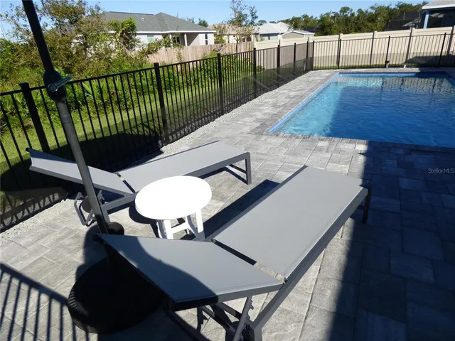 a view of a swimming pool with a yard