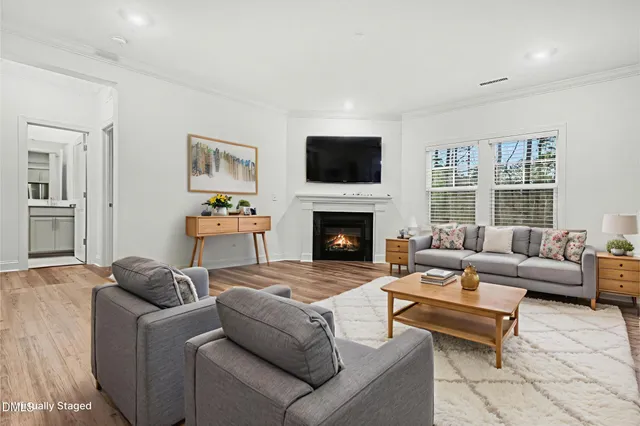 a living room with furniture a flat screen tv and a fireplace