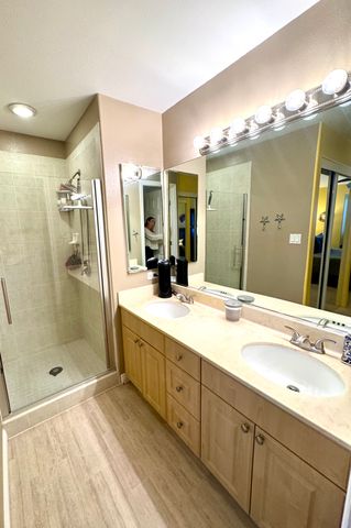 a bathroom with a double vanity sink mirror and shower