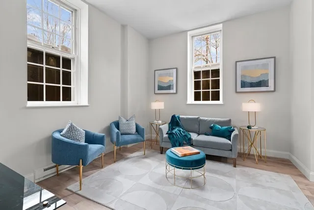 a living room with furniture and a potted plant