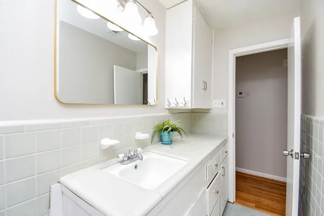 a bathroom with a sink and a mirror