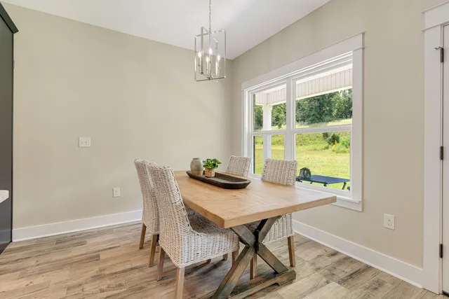 a view of a dining room with furniture window and outside view