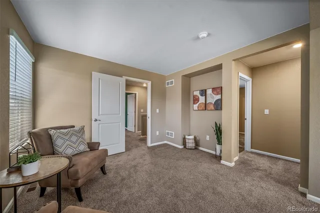 a living room with furniture and a area