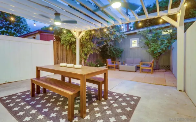 a view of a patio with a table and chairs under an umbrella