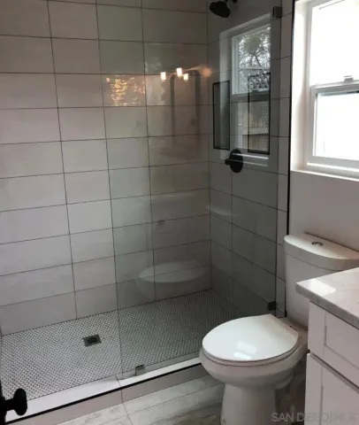 a bathroom with a shower and toilet