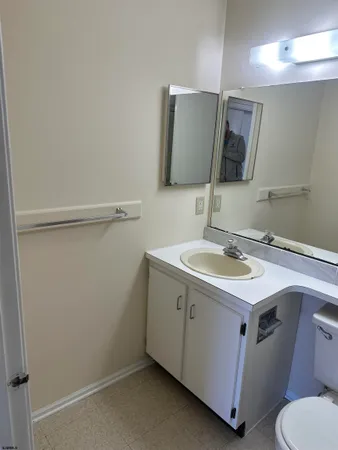 a bathroom with a sink toilet vanity and mirror