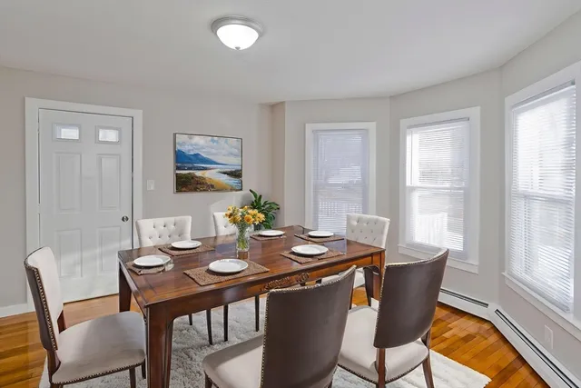 a view of a dining room with furniture window and outside view