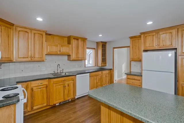 a kitchen with stainless steel appliances granite countertop a sink and a refrigerator