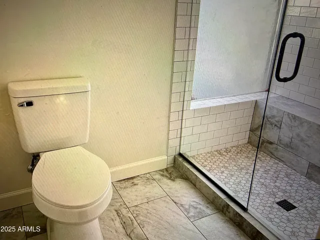 a bathroom with a toilet and a shower