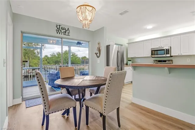 a view of a dining room with furniture window and outside view