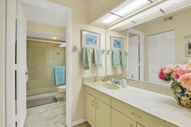 a bathroom with a sink mirror and a shower