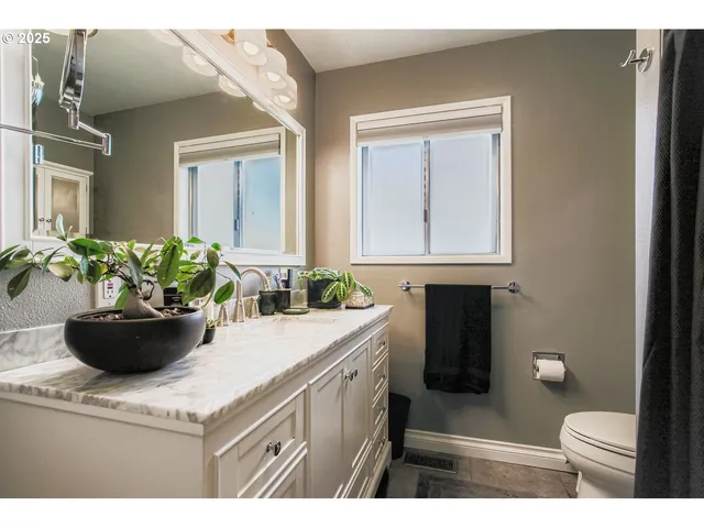 a bathroom with a potted plant and a potted plant