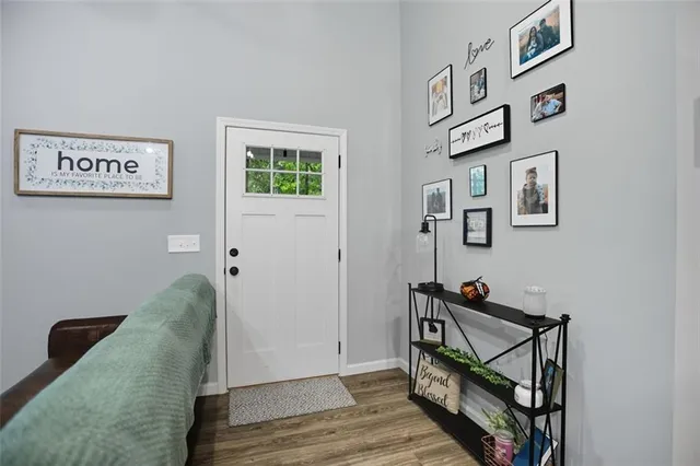 a view of a hallway with workspace