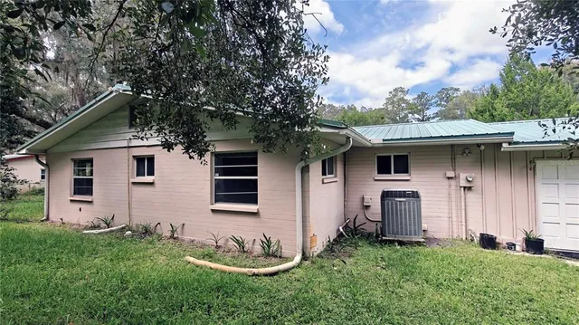 a view of a backyard with potted plants and large tree