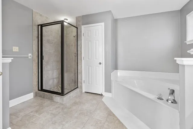 a bathroom with a bathtub and a shower