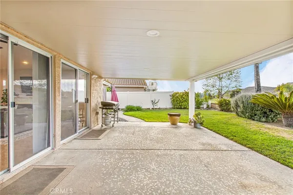 a view of a porch with garden