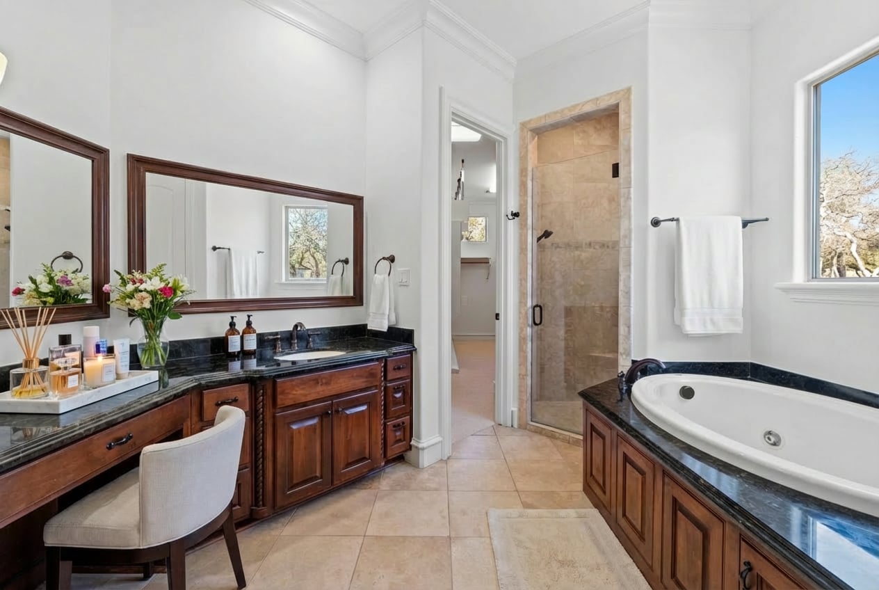 3401 Pearce Road Austin, TX 78730 - Photo 13 of 37 Designer tile floors in owners bath with lots of vanity space. Virtual stage photo