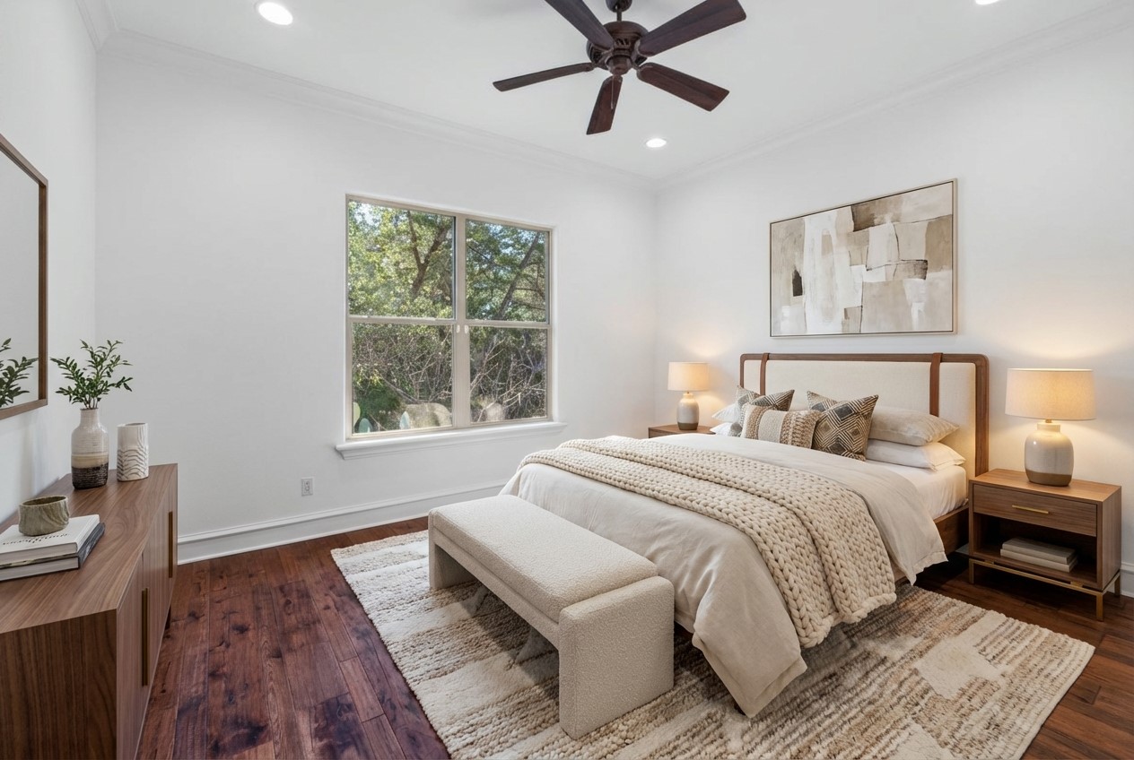 3401 Pearce Road Austin, TX 78730 - Photo 17 of 37 Guest suite features new wood floors with shower bath on first floor. Virtual stage photo