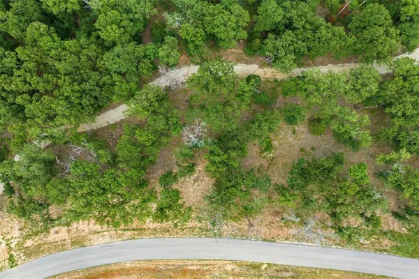 an aerial view of residential houses with outdoor space and trees