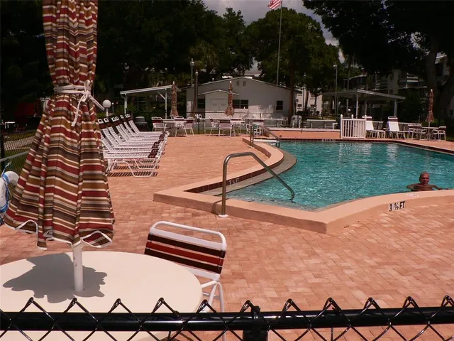 a view of a swimming pool and lounge chairs