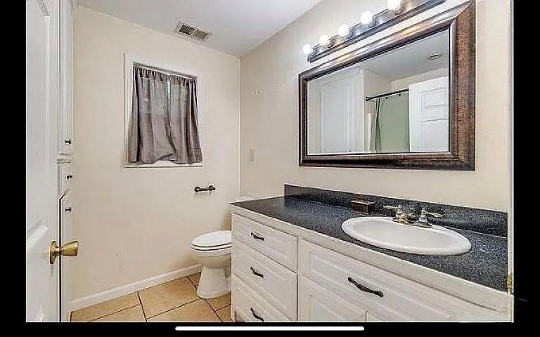 1401 Olin Hills Road Farmerville, LA 71241 - Photo 14 of 18 a bathroom with a granite countertop sink a toilet and a mirror