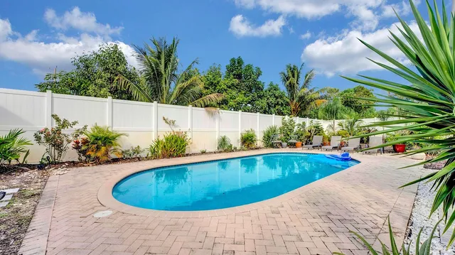 a view of a swimming pool with potted plants