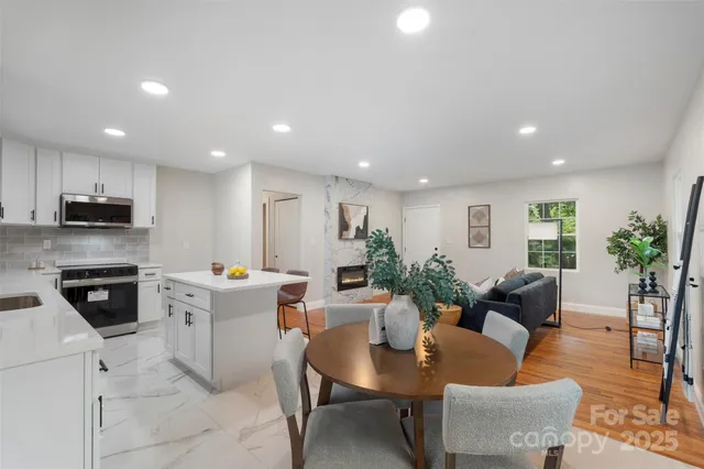 a living room with furniture kitchen view and a potted plant