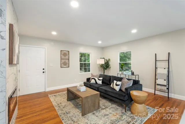a living room with furniture and a rug