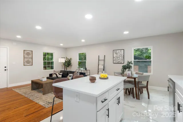 a view of a dining room with furniture and a potted plant