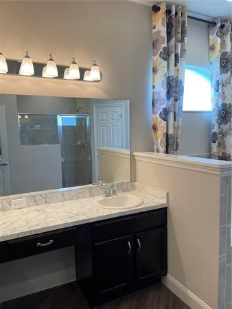 a bathroom with a sink and a mirror