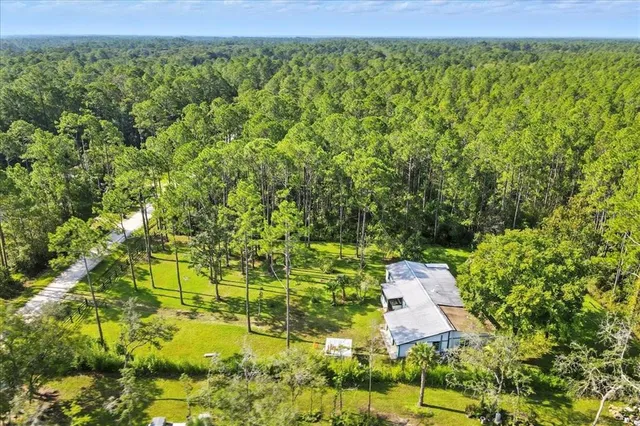 a aerial view of a residential houses with yard and trees