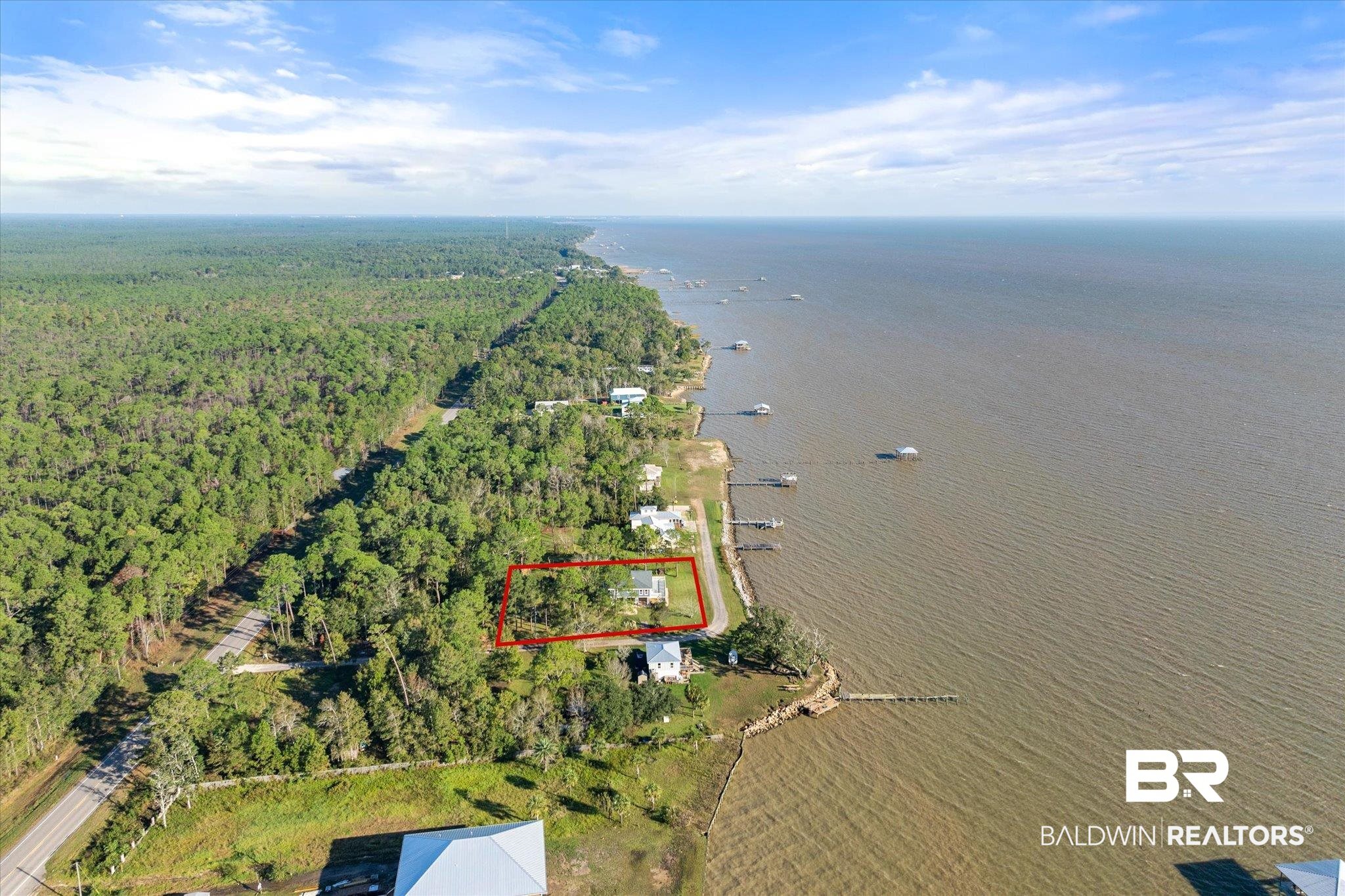 15111 Regus Road Coden, AL 36523 - Photo 4 of 35 Aerial view of property's location with a large body of water and property parcel outlined