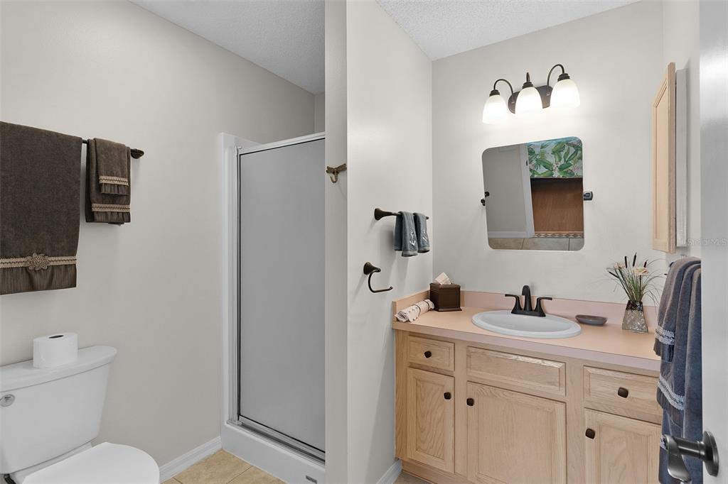 1116 San Bernardo Road The Villages, FL 32162 - Photo 24 of 46 a bathroom with a toilet a sink a mirror a window and glass door