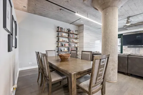 a view of a dining room with furniture
