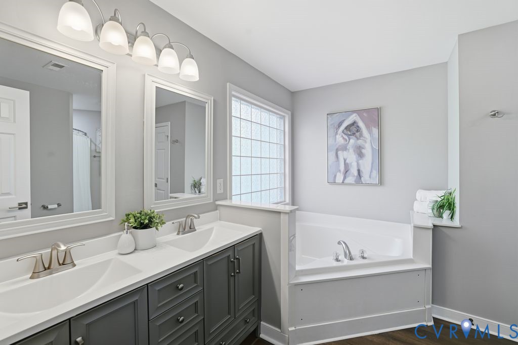 12004 Stamford Road Midlothian, VA 23112 - Photo 28 of 49 a bathroom with a sink a large mirror and a bathtub