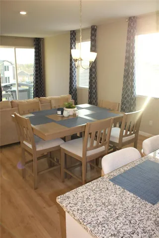 a kitchen with a large window