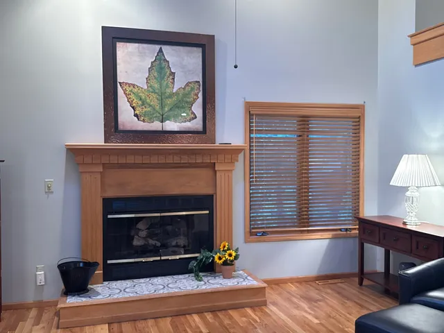 a living room with furniture and a fireplace