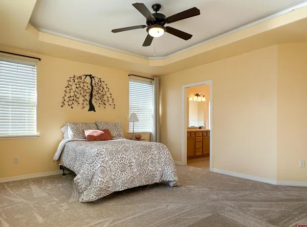 a bedroom with a bed and a ceiling fan