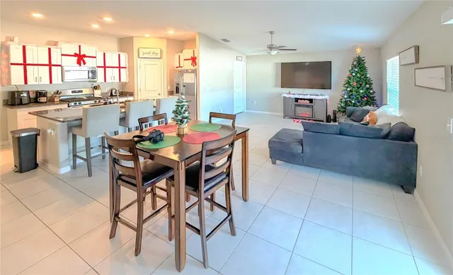 a view of a dining room with furniture