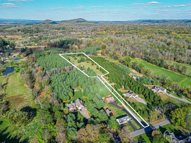an aerial view of residential houses with outdoor space and trees
