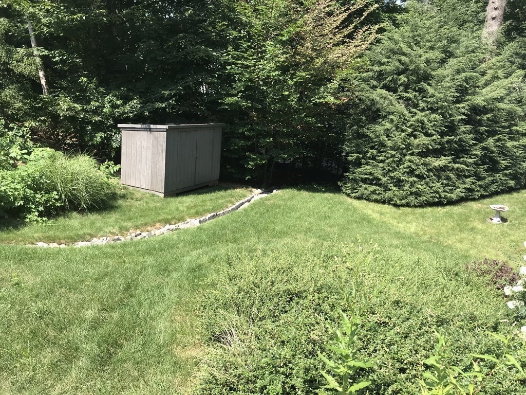 35 Sycamore Road Wayland, MA 01778 - Photo 33 of 42 a backyard of a house with a garden and plants