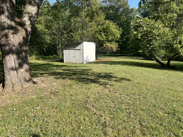 a view of a backyard with pathway