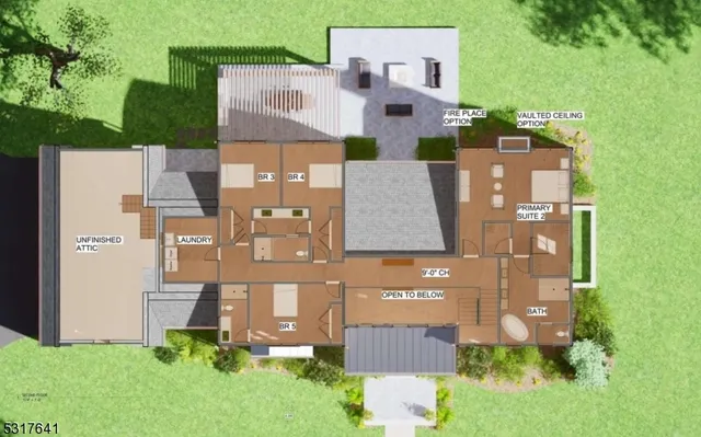 an aerial view of residential houses with outdoor space and parking