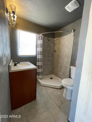 a bathroom with a granite countertop sink toilet and shower