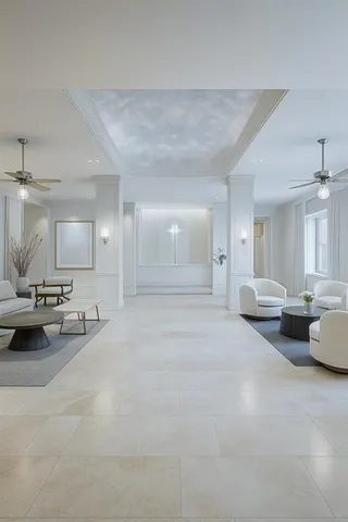 a living room with furniture and a large mirror with wooden floor