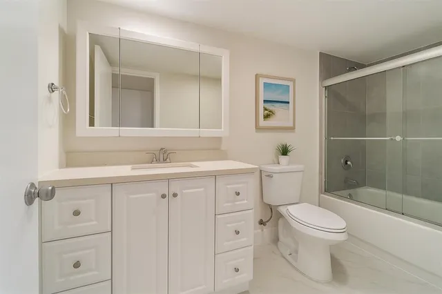 a bathroom with a toilet a sink a mirror a shower a vanity and window