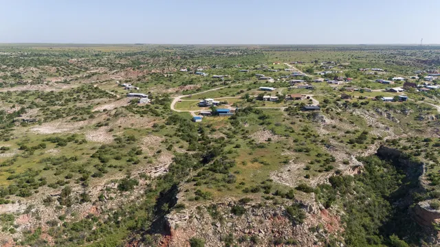 an aerial view of residential houses with outdoor space and trees