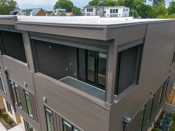 a balcony with a bench